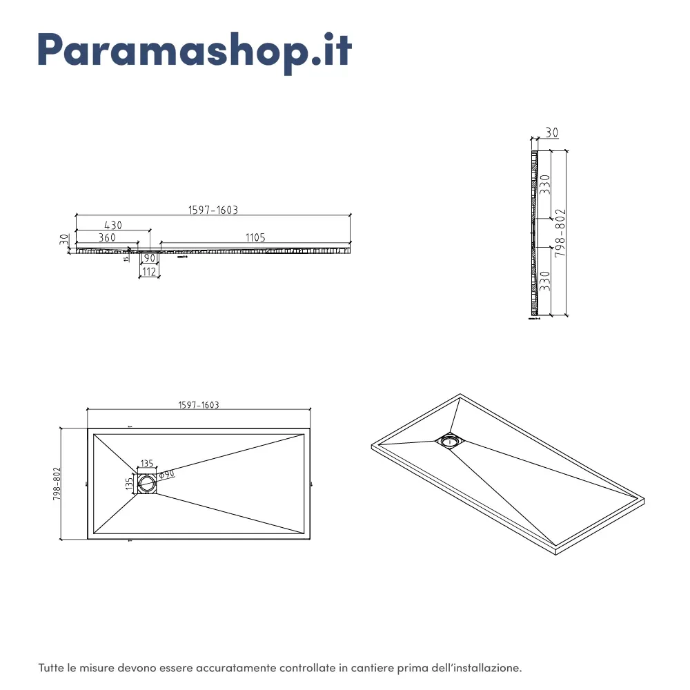 Piatto doccia rettangolare 80x160 cm in marmoresina bianco effetto pietra h3 cm | Milos - Image 6