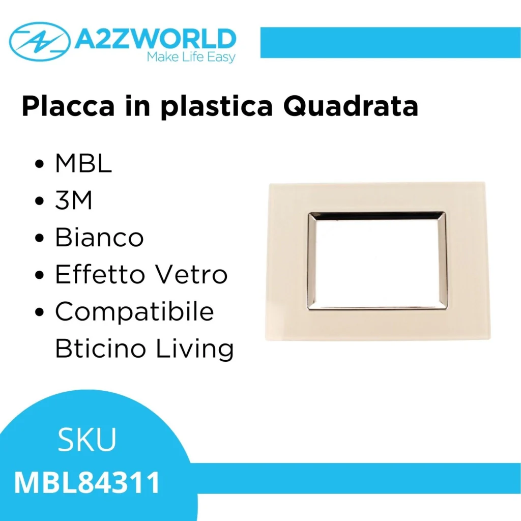 Placca Quadrata In Vetro Temperato MBL 3M Bianco Compatibile Bticino Living BLN84301 - Image 2