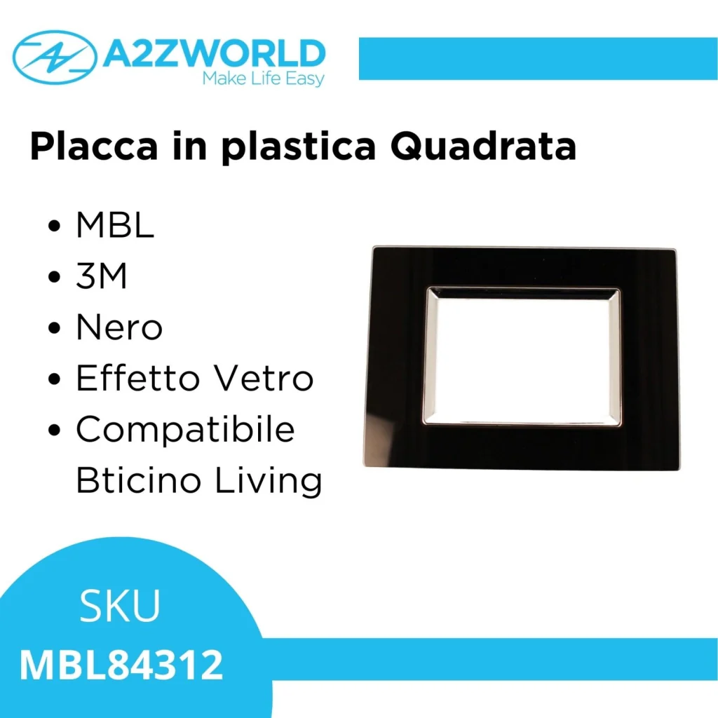 Placca Quadrata In Vetro Temperato MBL 3M Nero Compatibile Bticino Living BLN84302 - Image 2