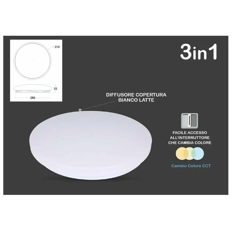 Plafoniera A Led Da Soffitto CCT Rotondo 18W D310mm Cambia Colore 3 in 1 3000K 4000K 6400K SKU-217605 - Image 2