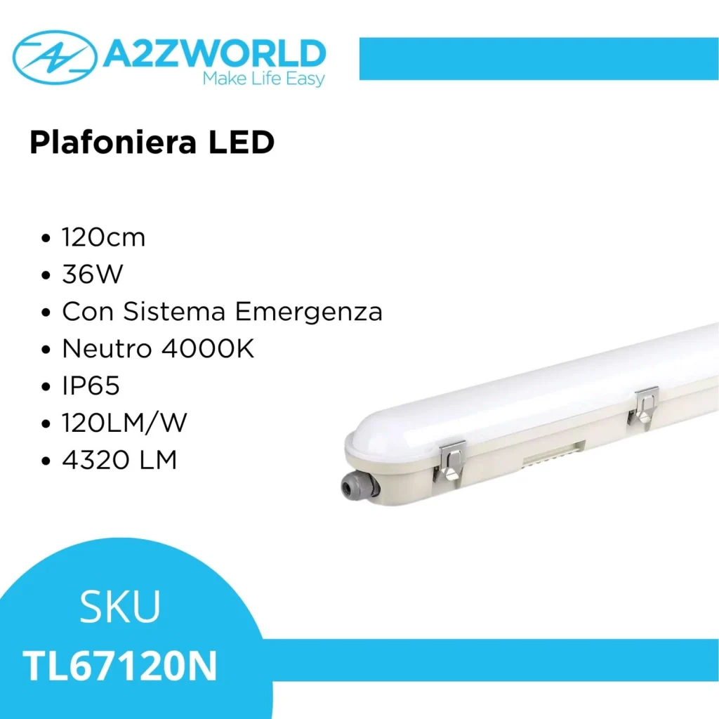 Plafoniera Led 120cm 36W Con Sistema Emergenza Neutro 4000K IP65 120LM/W 4320 lm SKU-2120223 - Image 4