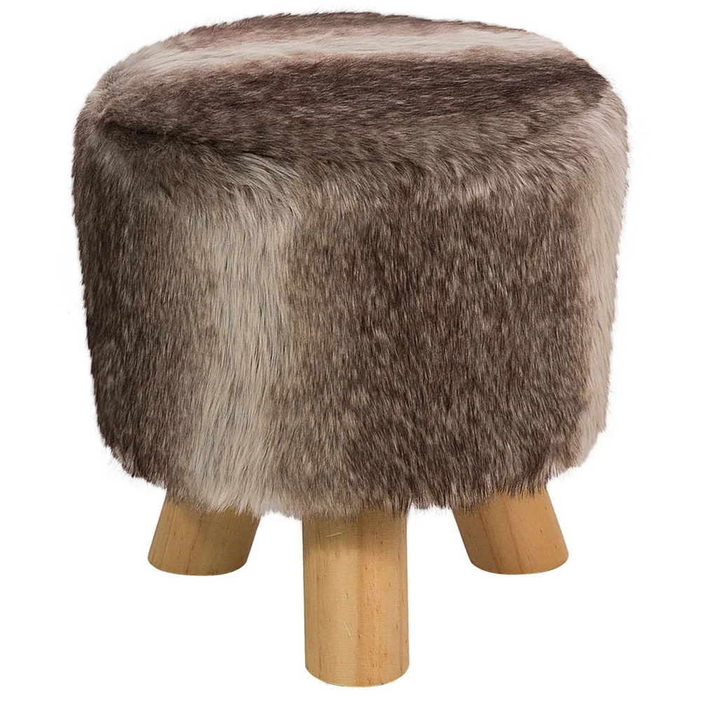Poggiapiedi Sgabello rotondo in pelliccia sintetica marrone e beige su gambe a treppiede