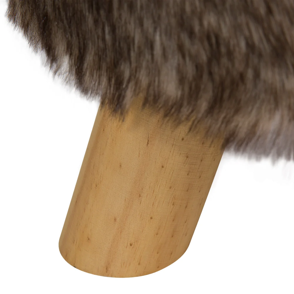 Poggiapiedi Sgabello rotondo in pelliccia sintetica marrone e beige su gambe a treppiede - Image 6