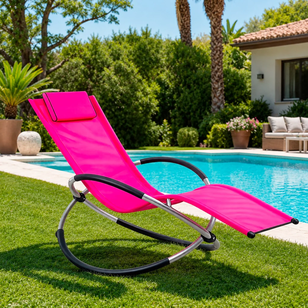 Poltrona A Dondolo Basculante Da Giardino Con Seduta Ergonomica Poggiatesta Removibile Telaio In Metallo Per Relax Outdoor 73 x 150 x 93 Cm Fuxia - Image 3