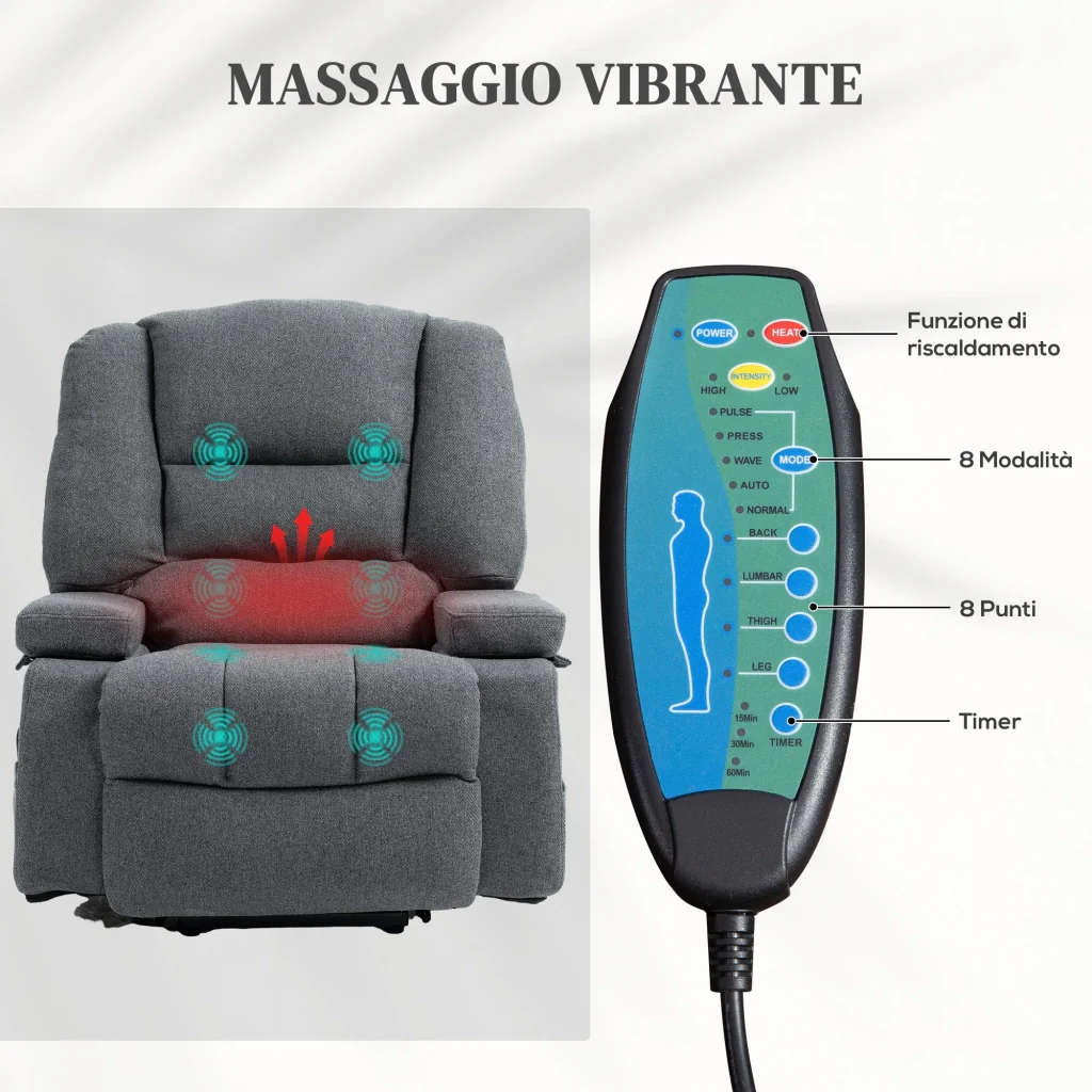 Poltrona Alzapersona Reclinabile a 135° 8 Punti Massaggianti in Tessuto Effetto Lino Grigio - Image 5