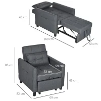 Poltrona convertibile 3 in 1, con schienale regolabile in 3 posizioni e cuscino incluso, 2 tasche laterali 69x82x85 cm, Grigio - Image 3