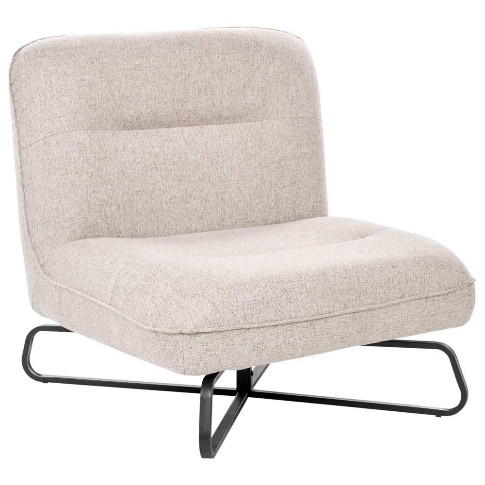 Poltrona in tessuto beige, seduta ampia, senza braccioli, struttura in metallo nero, complemento d'arredo moderno per il soggiorno