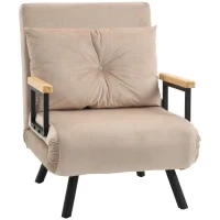 Poltrona Letto 3 in 1 con Schienale Reclinabile e Cuscino, in Tessuto Effetto Velluto, 63x73x81 cm, Beige