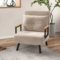 Poltrona Letto 3 in 1 con Schienale Reclinabile e Cuscino, in Tessuto Effetto Velluto, 63x73x81 cm, Beige - Image 2