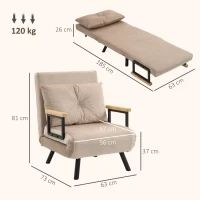 Poltrona Letto 3 in 1 con Schienale Reclinabile e Cuscino, in Tessuto Effetto Velluto, 63x73x81 cm, Beige - Image 3
