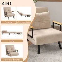 Poltrona Letto 3 in 1 con Schienale Reclinabile e Cuscino, in Tessuto Effetto Velluto, 63x73x81 cm, Beige - Image 4