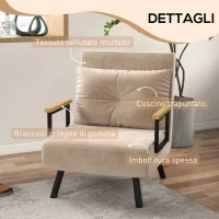 Poltrona Letto 3 in 1 con Schienale Reclinabile e Cuscino, in Tessuto Effetto Velluto, 63x73x81 cm, Beige - Image 6