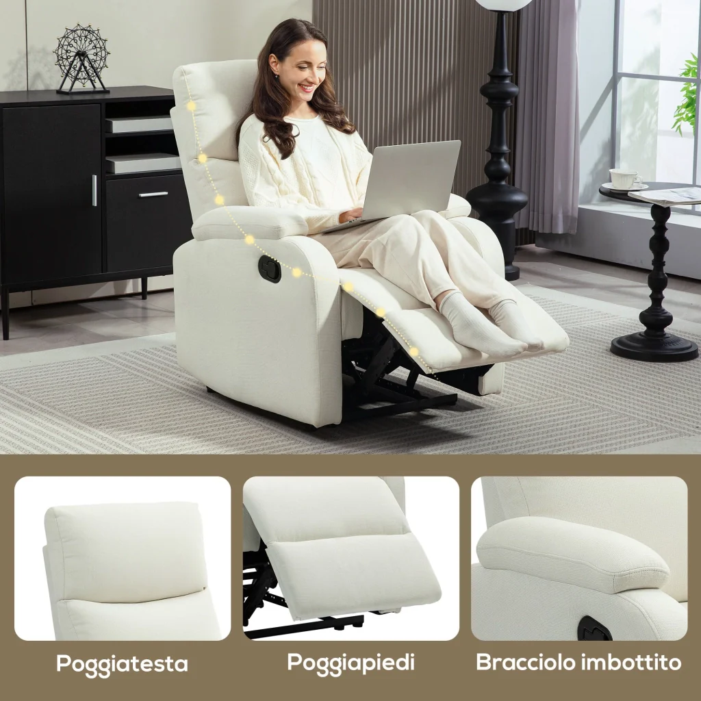Poltrona Reclinabile Manualmente a 60° 69x91,5x103 cm con Poggiapiedi Extra Imbottita in Tessuto Crema - Image 8