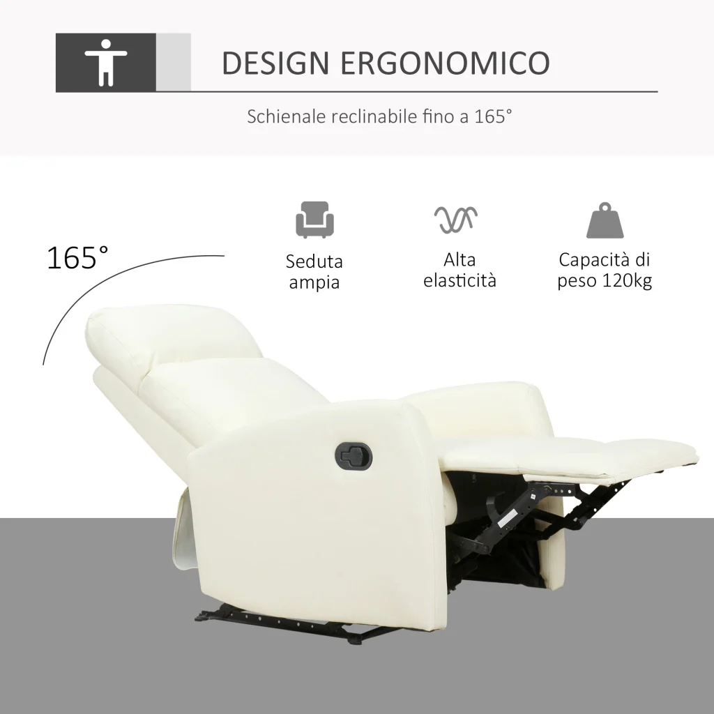 Poltrona Relax Reclinabile Ergonomica in Similpelle 65x92x100 cm Crema - Image 4