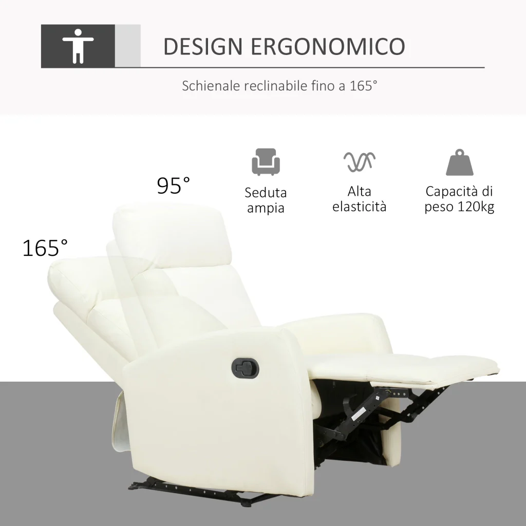 Poltrona Relax Reclinabile Ergonomica in Similpelle 65x92x100 cm Crema - Image 6