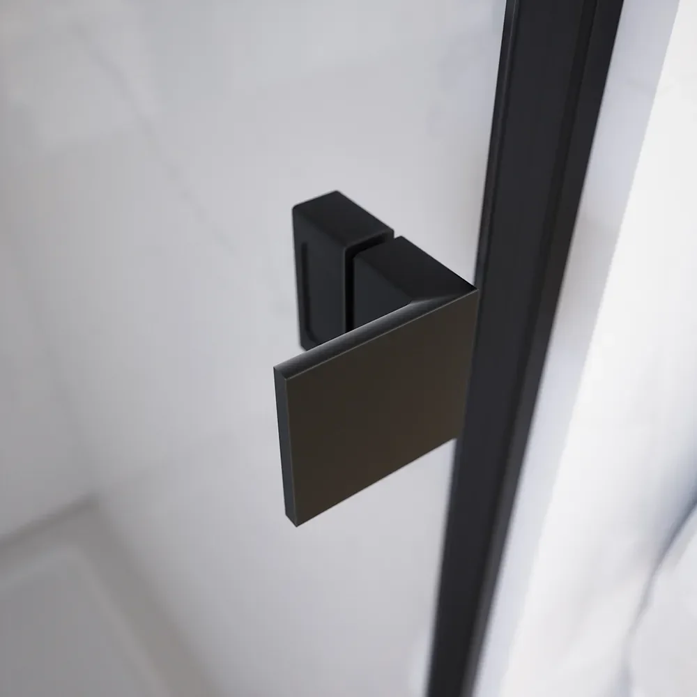 Porta doccia 110cm apertura a battente lato sinistro con cerniere, profili nero opaco e vetro da 8mm trasparente h195 | Fiji - Image 6