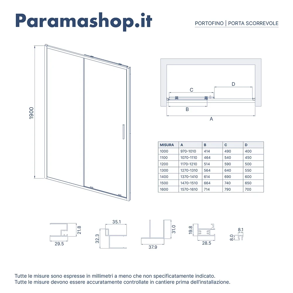 Porta doccia 120cm profili slim nero opaco vetro 6mm trasparente h190 | Portofino - Image 8