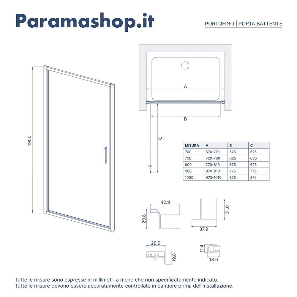 Porta doccia 75cm con apertura a battente profili slim nero opaco vetro 6mm trasparente h190 | Portofino - Image 8