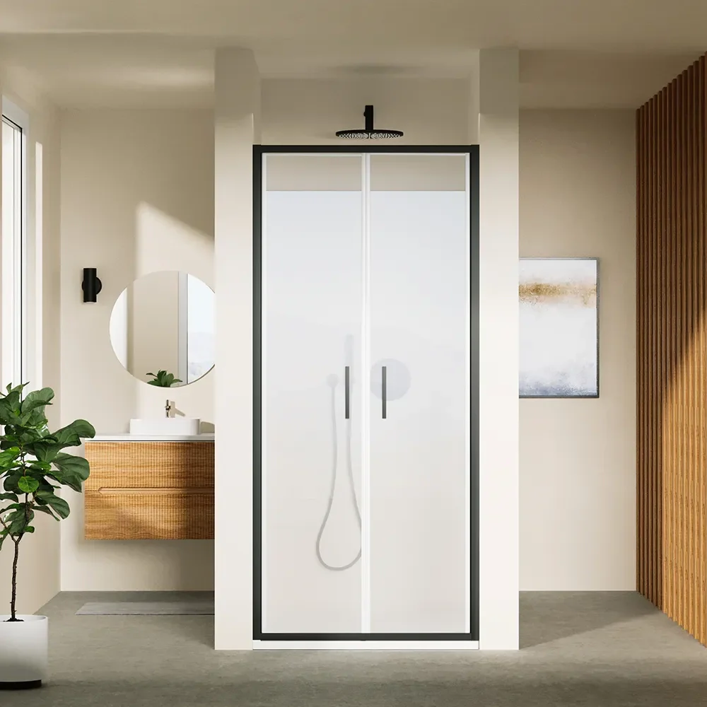 Porta doccia 80cm con apertura saloon profili slim nero opaco vetro 6mm trasparente h190 | Portofino