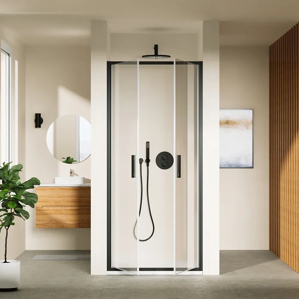 Porta doccia 80cm con apertura saloon profili slim nero opaco vetro 6mm trasparente h190 | Portofino - Image 2