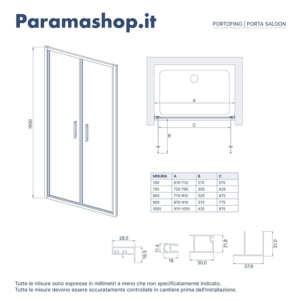Porta doccia 80cm con apertura saloon profili slim nero opaco vetro 6mm trasparente h190 | Portofino - Image 7