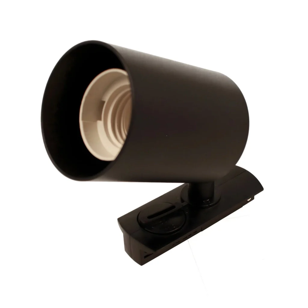 Porta Faretto da Binario Mono Fase, Attacco E27 orientabile e ruotabile, Max 50W 220V, Nero