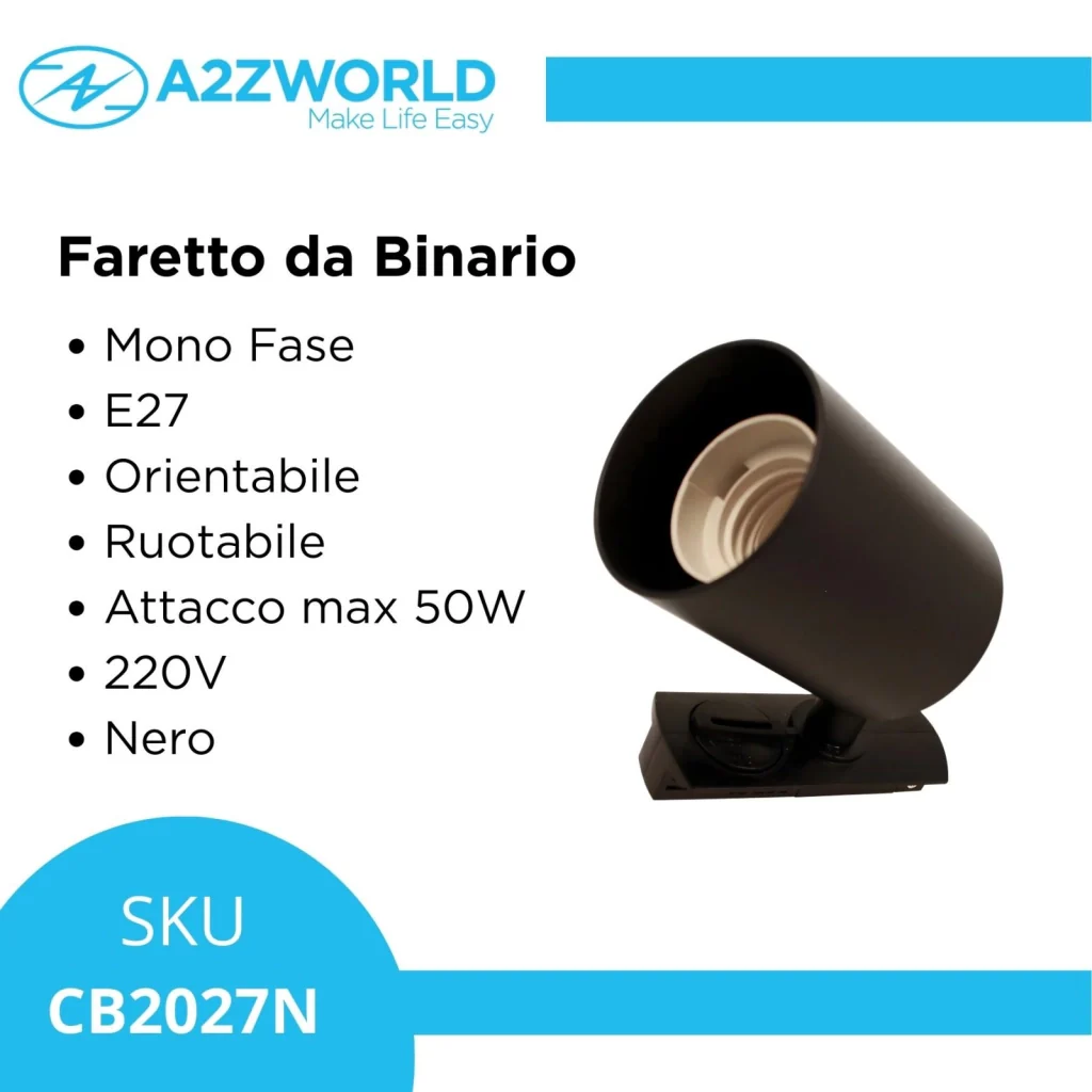 Porta Faretto da Binario Mono Fase, Attacco E27 orientabile e ruotabile, Max 50W 220V, Nero - Image 3
