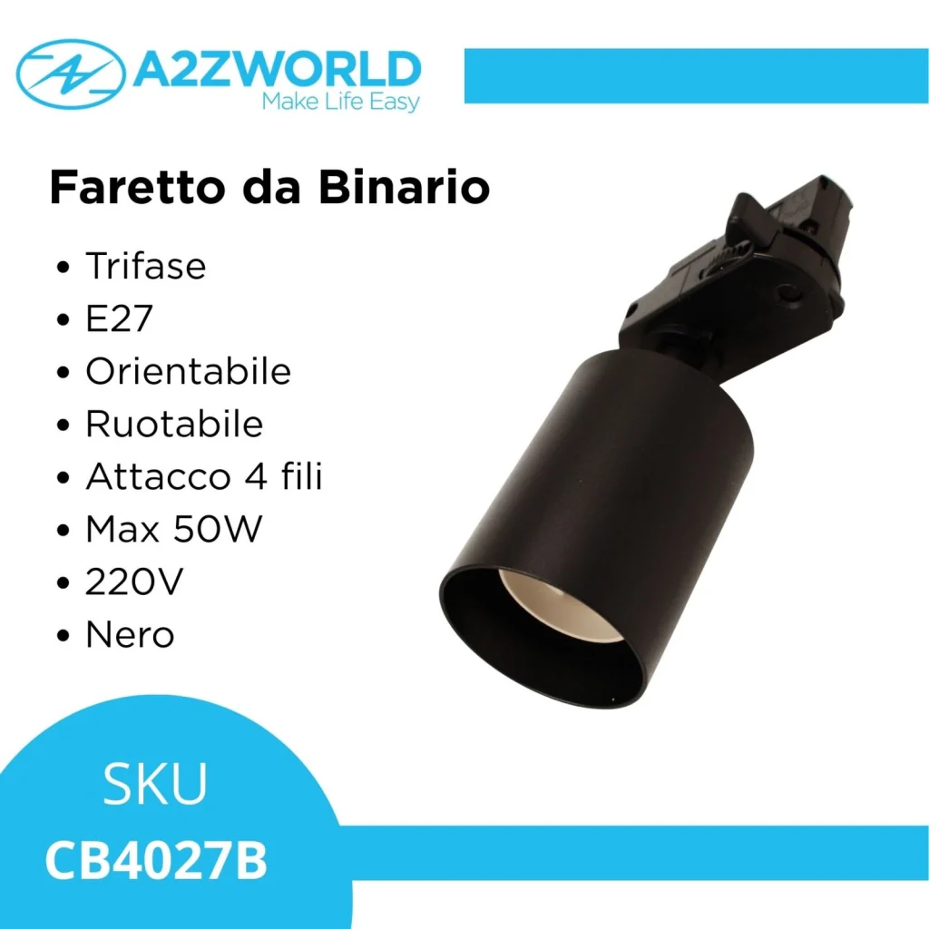 Porta Faretto da Binario Trifase, Attacco E27 orientabile e ruotabile, attacco 4 fili, compatibile con 3 linee di accensione, Max 50W 220V, Nero - Image 3
