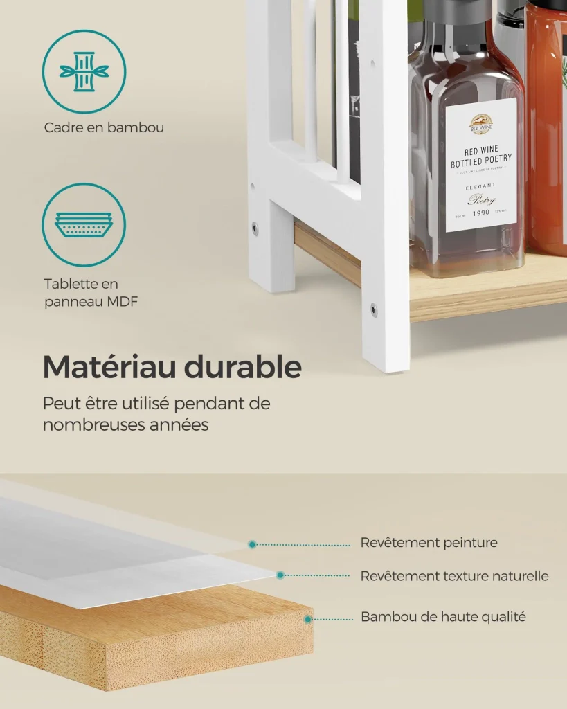Porta spezie scaffale portaoggetti a 3 livelli organizer da scrivania struttura in bambù per cucina sala da pranzo 18 x 41 x 53 cm bianco 12_0005525 - Image 3