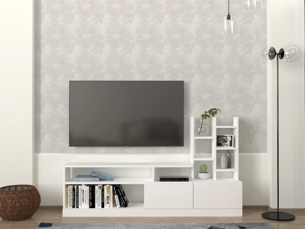 Porta TV in legno "Dolunay" - 164 x 25 x 91 cm - Bianco - Image 2