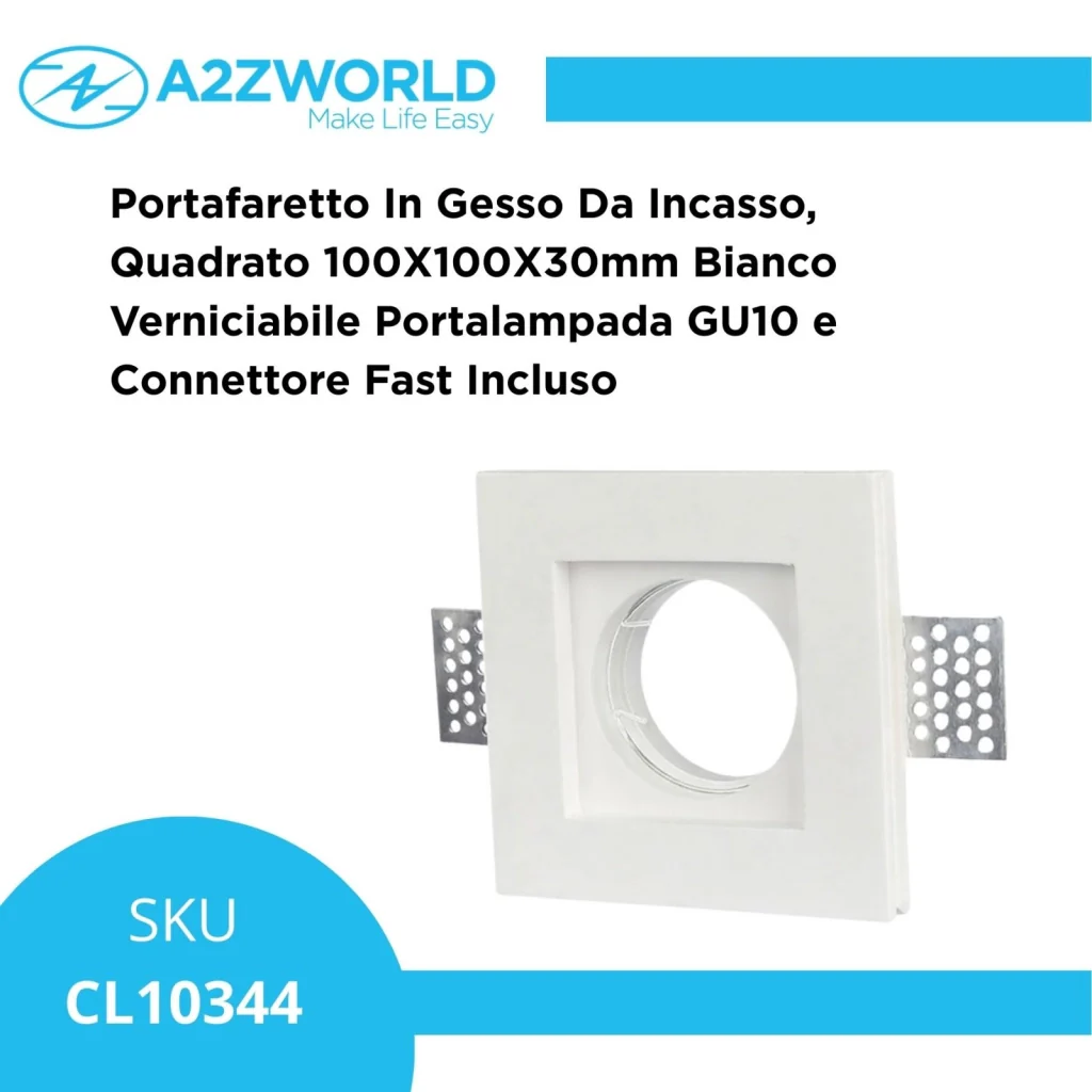 Portafaretto In Gesso Da Incasso, Quadrato 100X100X30mm Bianco Verniciabile Portalampada GU10 e Connettore Fast Incluso - Image 2