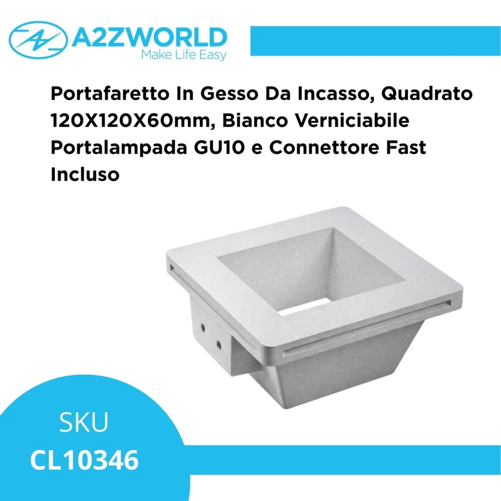 Portafaretto In Gesso Da Incasso, Quadrato 120X120X60mm, Bianco Verniciabile Portalampada GU10 e Connettore Fast Incluso - Image 2