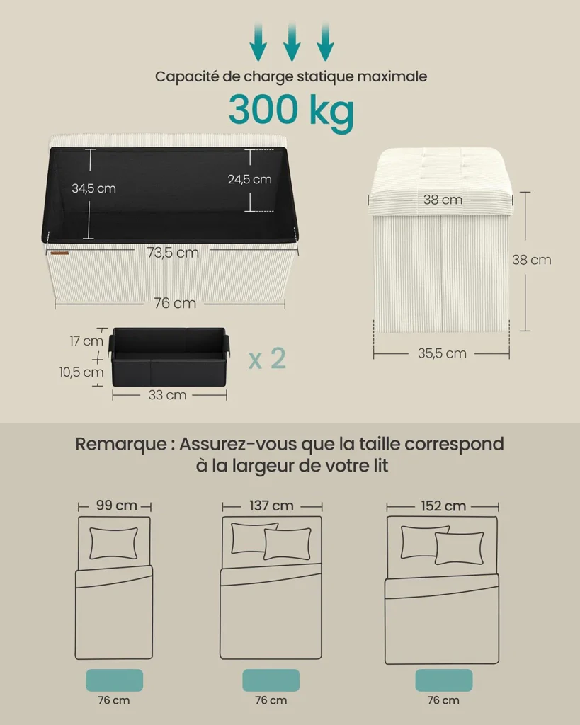 Panca contenitore pieghevole 38 x 76 x 38 cm poggiapiedi/testa letto cassapanca contenitore portata fino a 300 kg per soggiorno camera da letto ingresso bianco crema 12_0004168 - Image 3