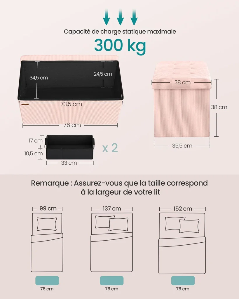 Panca/pouf contenitore pieghevole 38 x 76 x 38 cm poggiapiedi/testa letto cassapanca contenitore portata fino a 300 kg per soggiorno camera da letto ingresso rosa 12_0004167 - Image 3