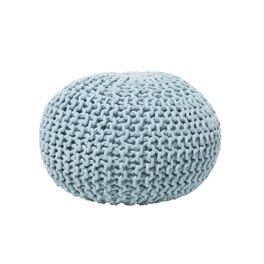 Pouf ottomana azzurro in cotone lavorato a maglia perline EPS riempimento rotondo piccolo poggiapiedi 50 x 35 cm