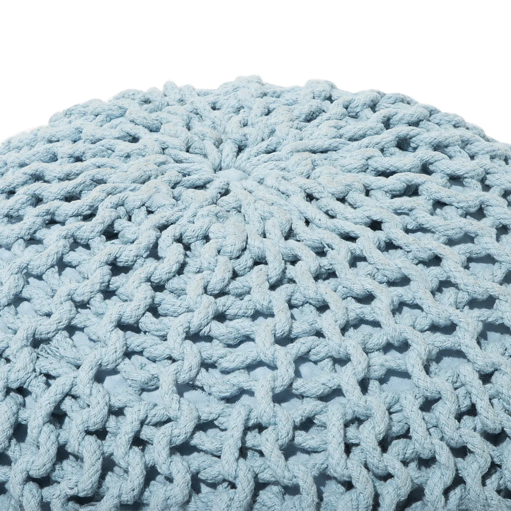 Pouf ottomana azzurro in cotone lavorato a maglia perline EPS riempimento rotondo piccolo poggiapiedi 50 x 35 cm - Image 2