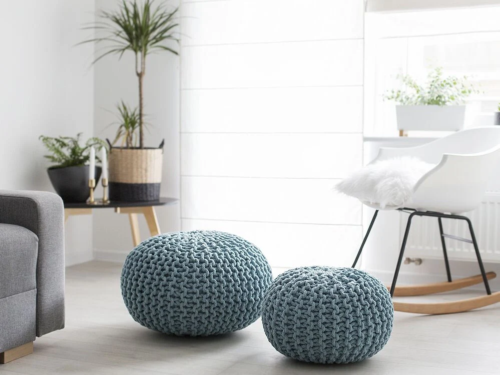 Pouf ottomana azzurro in cotone lavorato a maglia perline EPS riempimento rotondo piccolo poggiapiedi 50 x 35 cm - Image 3
