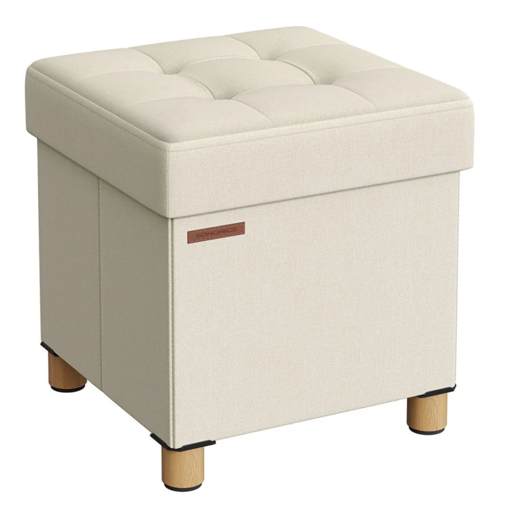 Pouf/sgabello contenitore con poggiapiedi panca pieghevole con contenitore 38 x 38 x 40 cm per soggiorno/camera da letto beige 12_0007289
