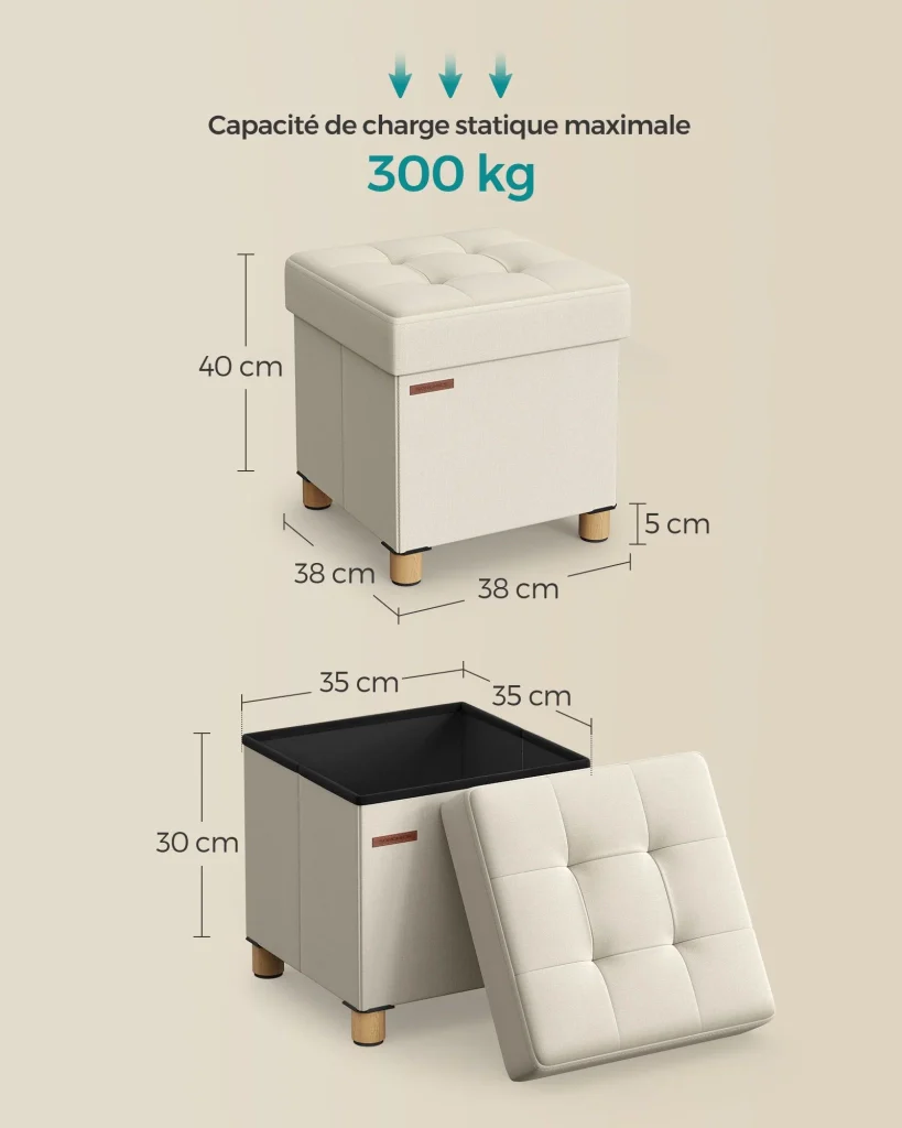 Pouf/sgabello contenitore con poggiapiedi panca pieghevole con contenitore 38 x 38 x 40 cm per soggiorno/camera da letto beige 12_0007289 - Image 2