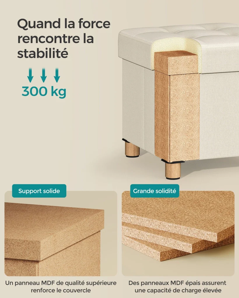Pouf/sgabello contenitore con poggiapiedi panca pieghevole con contenitore 38 x 38 x 40 cm per soggiorno/camera da letto beige 12_0007289 - Image 3