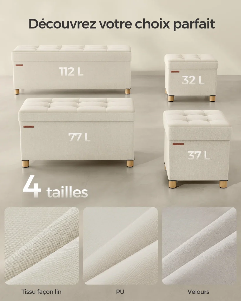 Pouf/sgabello contenitore con poggiapiedi panca pieghevole con contenitore 38 x 38 x 40 cm per soggiorno/camera da letto beige 12_0007289 - Image 5