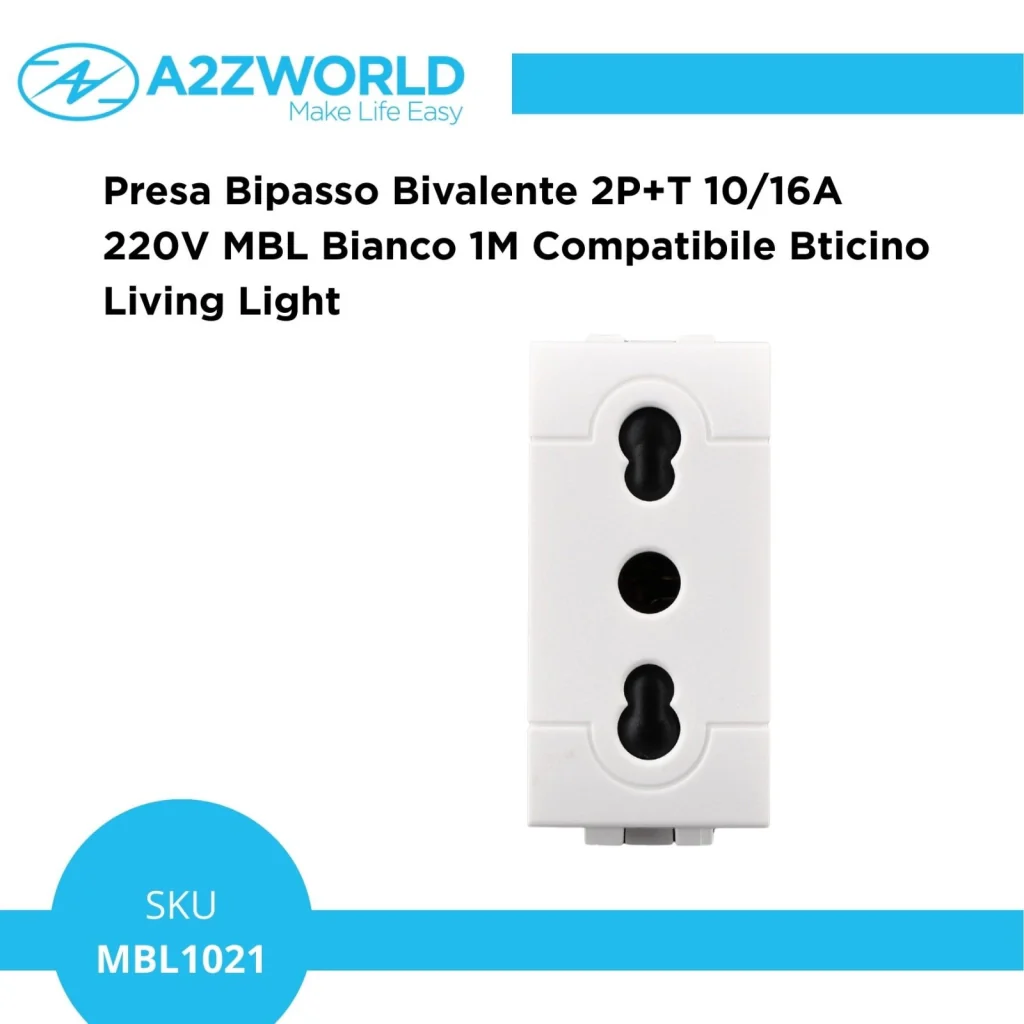 Presa Bipasso Bivalente 2P+T 10/16A 220V MBL Bianco 1M Compatibile Bticino Living Light BLB2001 - Image 5