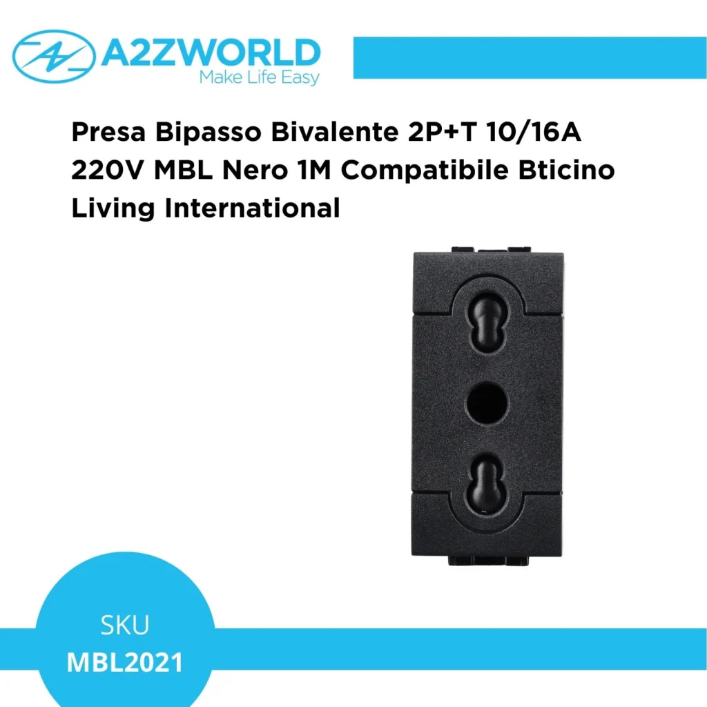Presa Bipasso Bivalente 2P+T 10/16A 220V MBL Nero 1M Compatibile Bticino Living International BLN2001 - Image 5