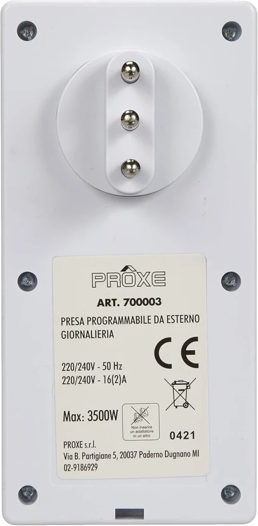 Programmatore giornaliero da esterno presa temporizzata con spina e presa 16A timer a disco IP per carichi fino a 3500W Proxe - Image 3