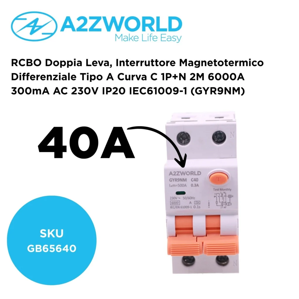 RCBO Doppia Leva, Interruttore Magnetotermico Differenziale Tipo A Curva C 1P+N 2M 6000A 300mA AC 230V IP20 IEC61009-1 GYR9NM, Disponibili 40A 50A 63A (C40A) - Image 2