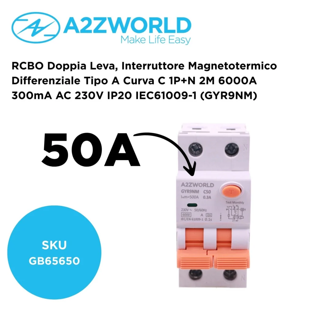 RCBO Doppia Leva, Interruttore Magnetotermico Differenziale Tipo A Curva C 1P+N 2M 6000A 300mA AC 230V IP20 IEC61009-1 GYR9NM, Disponibili 40A 50A 63A (C50A) - Image 2