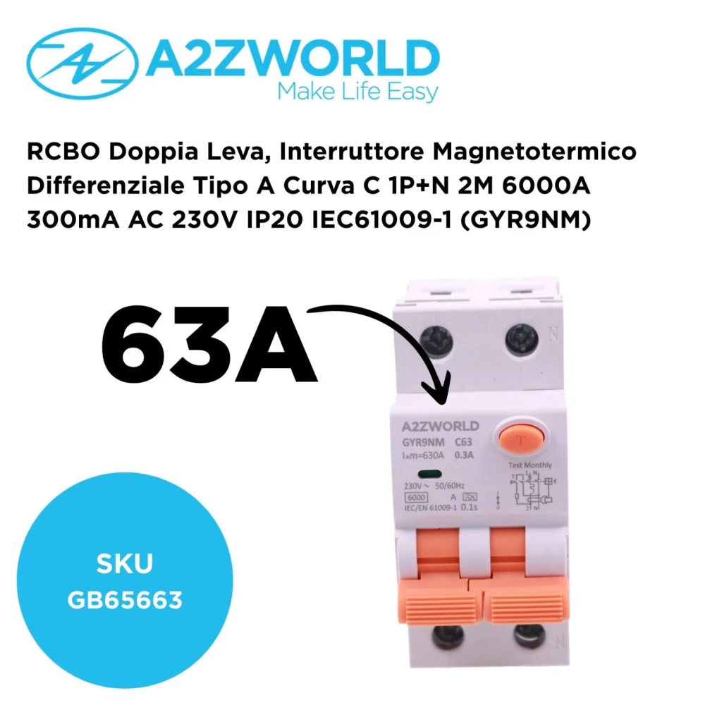 RCBO Doppia Leva, Interruttore Magnetotermico Differenziale Tipo A Curva C 1P+N 2M 6000A 300mA AC 230V IP20 IEC61009-1 GYR9NM, Disponibili 40A 50A 63A (C63A) - Image 2