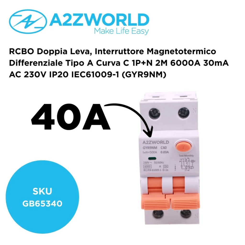 RCBO Doppia Leva, Interruttore Magnetotermico Differenziale Tipo A Curva C 1P+N 2M 6000A 30mA AC 230V IP20 IEC61009-1 GYR9NM, Disponibili 40A 50A 63A (C40A) - Image 2
