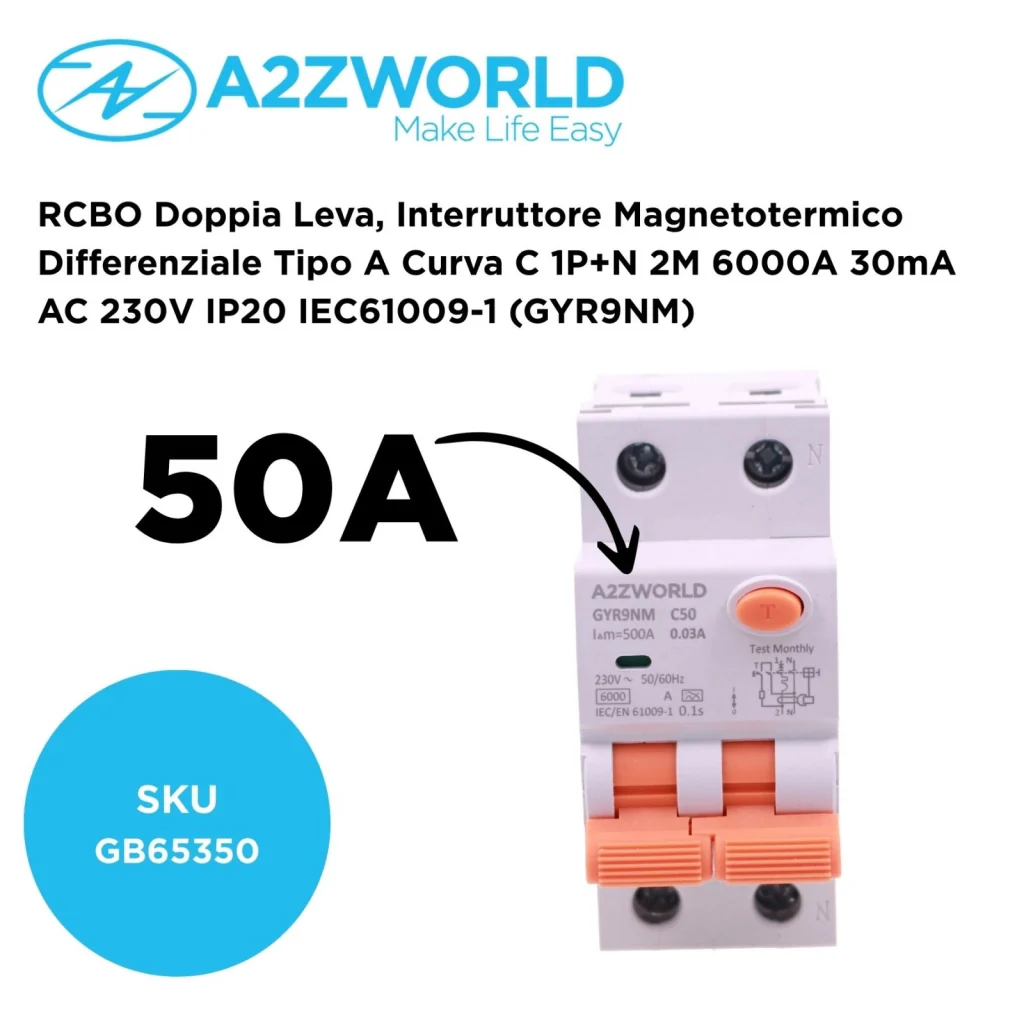 RCBO Doppia Leva, Interruttore Magnetotermico Differenziale Tipo A Curva C 1P+N 2M 6000A 30mA AC 230V IP20 IEC61009-1 GYR9NM, Disponibili 40A 50A 63A (C50A) - Image 2