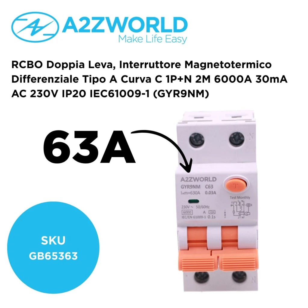 RCBO Doppia Leva, Interruttore Magnetotermico Differenziale Tipo A Curva C 1P+N 2M 6000A 30mA AC 230V IP20 IEC61009-1 GYR9NM, Disponibili 40A 50A 63A (C63A) - Image 2